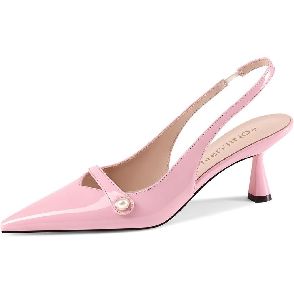 🆕Pink Faux Leather Slingback Kitten Heel Pumps, Pearl Pointed Toe for Wedding